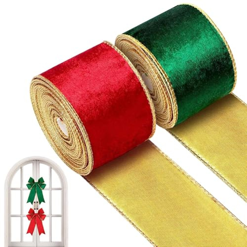 Weihnachtsbänder 2 Rollen Rot Und Grün Wendbares Breit Samtbänder Weihnachts Satinband, Weihnachtsband Mit Draht, Geschenkband Weihnachten Samtband Grün Rot Schleifenband Für Weihnachten Party