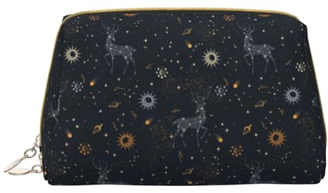 VOSERY Trousse de maquillage, trousse de toilette de voyage pour femme, voie lactée, soleil, constellation, cerf, grande capacité, trousse de maquillage mignonne, trousse de maquillage en cuir