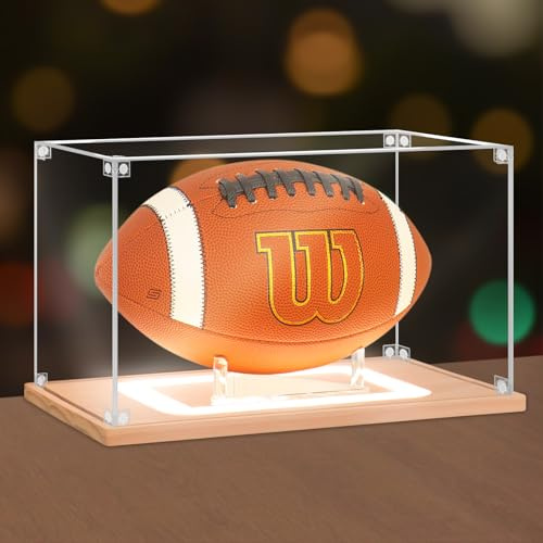 Nonemey Vetrina Pallone da Calcio con Luce,Scatola da calcio in acrilico Protetta dai raggi UV con Legno Base,Vetrina Espositiva per Cimeli Sportivi Autografata Palla Regali di Football, 32x19x19 cm