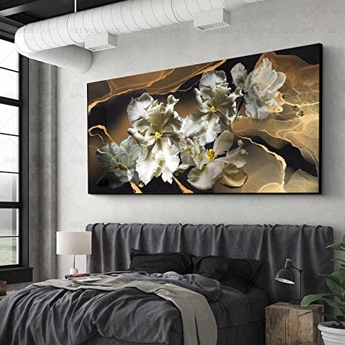 Ölgemälde mit großer grauer Blume, Raumdekoration für Wohnzimmer und Schlafzimmer, gerahmte Leinwandkunst, 90 x 177 cm, Schwarz und Weiß