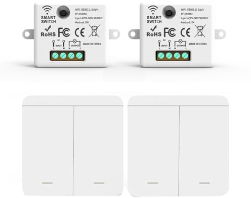 Reinscer Lot de 2 interrupteurs muraux sans fil 433 MHz Module relais avec 2 panneaux à 2 interrupteurs LED Télécommande pour lampe LED