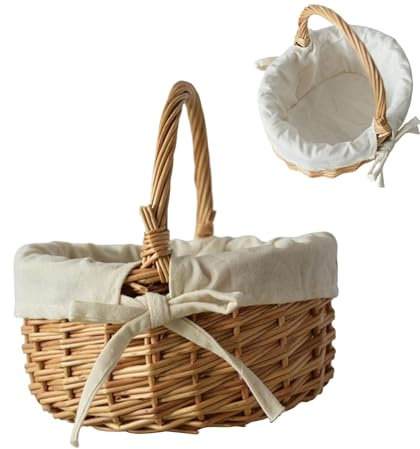 Panier en Osier avec Anse Et Doublure - Panier De Pâques Décoratif, Rond Panier De Pâques Tressé Panier Cadeau, Panier De Courses en Osier, pour Les Achats Et pour Pique-Nique, Fourniture De Fête