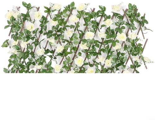 Expandable Wood Trellis With Artificial Leaves Flowers Garden Fence Privacy Screen Outdoor Decorative Telescopic Fence For Balcony Courtyard Wall Terrace Light(White)