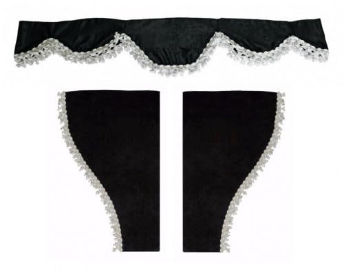 Ardillion Lot de 3 rideaux noirs en velours peluche avec pompons blancs compatibles avec camions Scania Volvo MAN