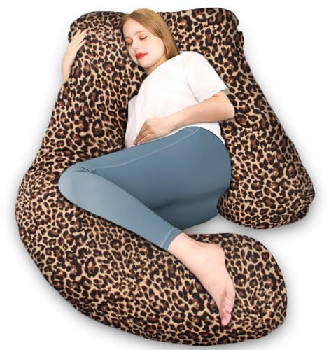 Chilling Home Cojín de maternidad en forma de J, almohada para dormir de lado con funda J, cojín de lactancia, cojín grande, almohada para mujeres y para dormir de lado (estampado de leopardo)