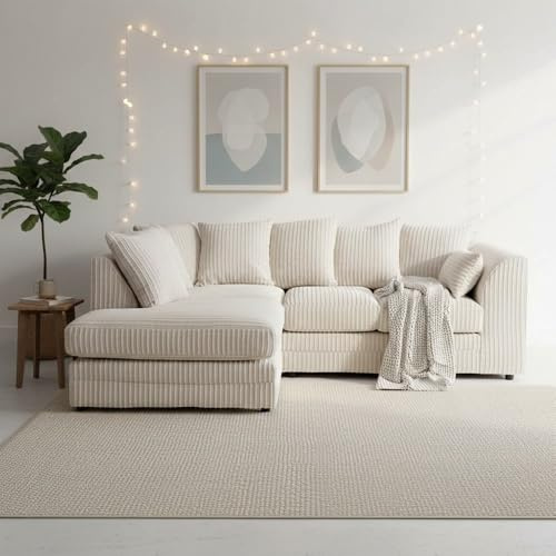 L Shape Seated Sofa - Comfy 4 Seater Jumbo Cord Fabric Corner Couches - Sectional Left Right Hand Facing Sofas - Elegant Small Corner Settee Cream for Living Room chaise L shaped (Left hand side)