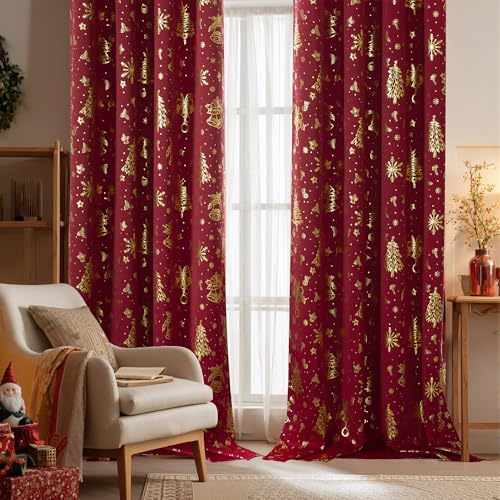 PONY DANCE Tende Rosse Natalizie per Soggiorno Moderne 2 Pezzi L 140 x A 175 cm Tende Oscuranti con Anelli per Camera da Letto Decorazione Curtains Termiche Isolanti per Interni