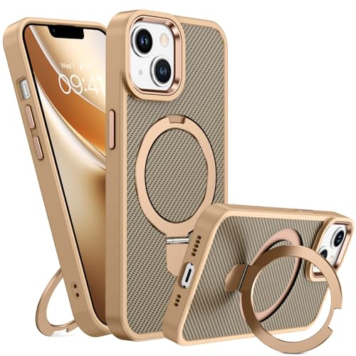 GUAGUA Magnetisch Handyhülle für iPhone 14 Hülle, iPhone 13 Hülle [Kompatibel mit MagSafe] mit Ring Ständer Carbon Fiber Muster Stoßfest Schutzhülle Case für iPhone 14/13 (6,1'') Titan Wüstensand