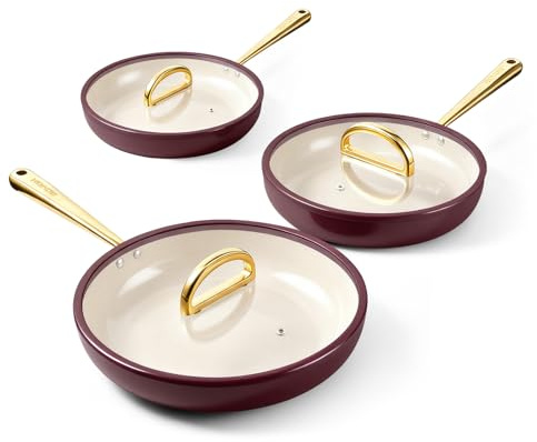 ROYDX Non Stick Frying Pan Set, Titanium Ceramic Frying Pan with Lids, 20cm, 26cm and 30cm Skillet Set with Stay Cool Handle, Oven Safe, Compatible with All Stovetops-Dark Purple