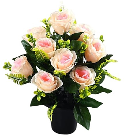 Muzrunq Fleurs de cimetière pour Tombe, Roses artificielles avec Pot 15 Pouces 12 têtes Fleurs funéraires en Soie pour Pierres tombales Pierre tombale