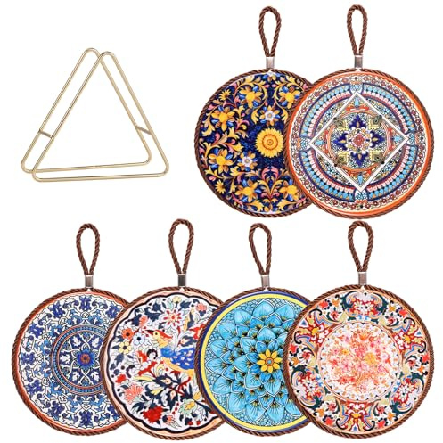 Lot de 6 dessous de plat en céramique, isolation thermique, dessous de plat en feutre avec support en métal, 17 x 17 cm, antidérapants et anti-brûlures, peuvent être suspendus, pour plans de travail