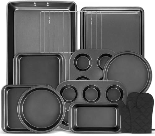 Gymdin 12PCS Nonstick Bakeware Set, Non-Toxic Carbon Steel Baking Pans Set with Wider Grip, Includes Roasting Pan, Cookie Sheet, Cake Pans, Muffin Pans, Cooling Rack, Oven Mitts, Easy Release
