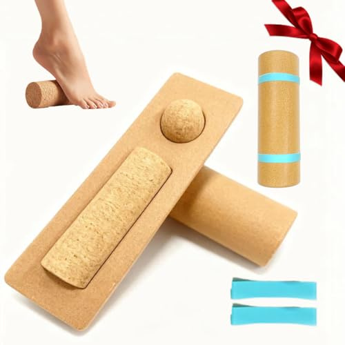 WRQIOO Cork Foot Balance Board, Ankle Balance Board Cork Foot Strengthener Trainer, C-ork F-oot B-alance Trainer with Massage Ball & Resistance Bands for Yoga, Fitness & Home Workouts
