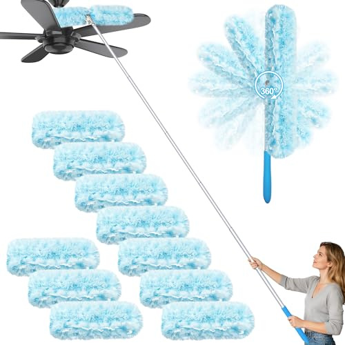 JEHONN Plumero Atrapapolvo con Palo Extensible 180 cm, 10 Recambios Compatible con Swiffer Duster Mango Telescópico Resistente Plumeros Kit para Limpiar Ventilador de Techo Estantes Ventana Persiana