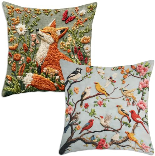 Vyranut Lot de 2 Housses de Coussin Décoratif 45×45 cm, Motif Renard et Oiseaux, Style Rustique et Naturel, Aspect Lin avec Impression Numérique (Non Brodée), pour Canapé, Lit et Salon