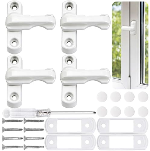 4 Pack Zinc Alloy Sash Jammers,Heavy-Duty Sash Lock,180° Rotatable Window Lock for Home Security,Fits uPVC Windows、Doors & Skylights, with 2 Metal Spacers, 4 Screws and 1 Screwdriver（White） (4, White)