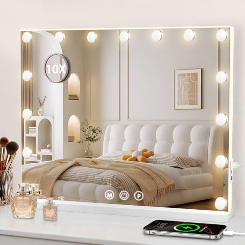 Puranex Hollywood Spiegel Schminkspiegel mit Beleuchtung, Kosmetikspiegel 58 x 46 cm, 15 LED Mirror Super HD für Make-up, 3 Lichtfarben Dimmbar Touch Control, USB, inkl. 10-Fach Vergrößerungsspiegel