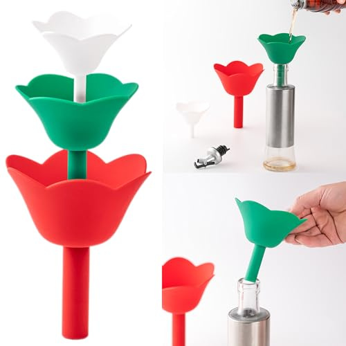 Syiyunran Imbuto Piccolo Da Cucina Di Riempimento - 1 Set, Dosatore per Liquidi a Forma Fiore Versatore in Silicone Cucina, con 3 Misure Versare Olio, Spezie, Shampoo, Liquori e Altro Ancora