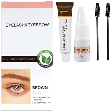 Tinte para cejas y pestañas, kit de tinte para cejas marrón, fórmula con fibras para llenas y pestañas con volumen, aspecto natural, fácil aplicación, acabado impermeable, aplicación rápida