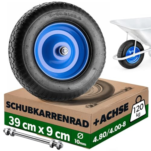 KADAX Schubkarrenrad 390 x 90 mm mit Achse, Luftreifen 4.80/4.00-8 auf Metallfelge, Ersatzrad mit Autoventil für Schubkarren, Schubkarre Rad mit 10 mm Achsbohrung