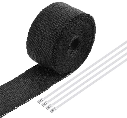 QUARKZMAN Hitzeschutzband 5 Meter x 5cm Auspuff Dichtband Auspuffband Fibreglass mit 4 Edelstahl Kabelbinder, für Auspuffkrümmer von Motorrädern und Autos, Schwarz