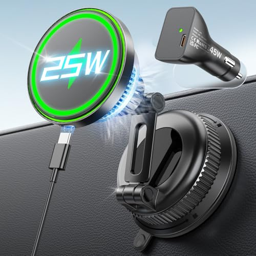 YOSH 25W for Magsafe Car Mount Charger, Car Phone Holder with 45W Adapter | Wireless Car Charger with Cooling Fan, Fast Charging for iPhone 17 Pro Max, for iPhone 17-12, Samsung S26, Pixel