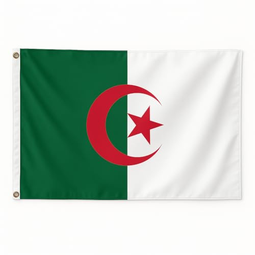 Drapeau Algérie 60 x 90 cm – Drapeau vert et blanc avec croissant et étoile rouges avec Œillets – Polyester 110g Résistant – Utilisation Intérieure et Extérieure