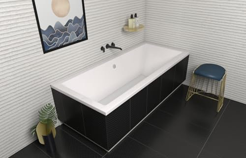 ECOLAM® Badewanne Wanne Rechteck Quadro Design Acryl weiß 180x80 cm + Styroporverkleidung zum Verfliesen + Ablaufgarnitur Ab- und Überlauf Automatik Füße Silikon Komplett-Set