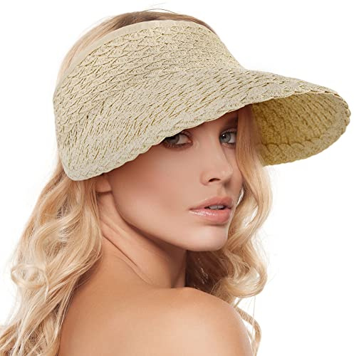 Sun Hat for Women - Roll-up Beach Sunhat, Foldable Straw Visor for Golf - Beige