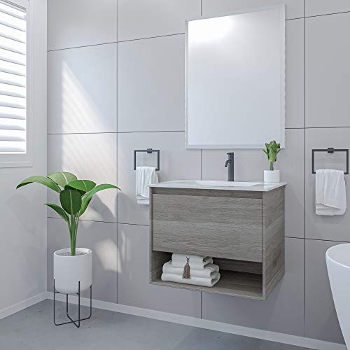 ZIK - Mobile Bagno con Lavabo e Specchio Moderno, Lavandino Bagno con Mobiletto in Legno e Ceramica, Mobile Sospeso con Finiture Eleganti e Cassetto e Vano Salvaspazio (Grigio Rovere 60cm.)