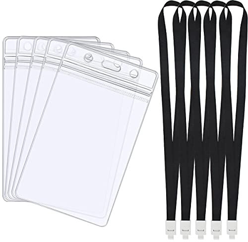 5PCS Wasserdicht Ausweishüllen mit Schlüsselband, Transparenter PVC ID Kartenhalter, Kartenhalter Kartenhülle Vertikal mit Schwarzen Lanyards für Business Ausstellung Karten