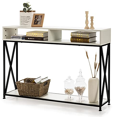 COSTWAY Consolle Ingresso a 2 Livelli, Tavolo Consolle in Legno e Metallo con Ripiani e Piedini Regolabili, Tavolo d’Ingresso Stretto Moderno per Salotto e Corridoio, 120 x 23 x 79 cm (Bianco)