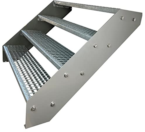 Kaminbau Mierzwa Premium Stahl Treppe Verzinkt & Silber Pulverbeschichtet 4 Stufen (Breite 120 cm) (Höhe 76 cm) Wetterfest Gitterroststufe Gartentreppe