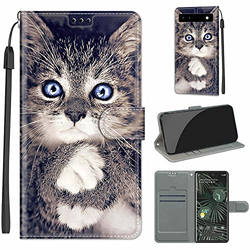Handyhülle für Google Pixel 6A, Weiße Krallen Katze | Standfunktion, Kartenfach, Magnetisch, Stoßfeste Schutzhülle, Flip Leder, Klapphülle
