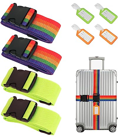 Confezione da 4 cinghie per bagagli, cinture da viaggio regolabili, cinghia fissa per valigia resistente con 4 targhette identificative, 2 verdi, 2 multicolori, 200 x 5 cm