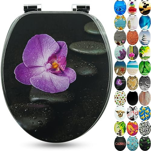 SANFINO® Premium WC Sitz mit Absenkautomatik – hochwertige Toilettendeckel aus Holz, viele bunte Motive, hoher Sitzkomfort, einfache Montage inklusive Montageanleitung – Way of Orchid