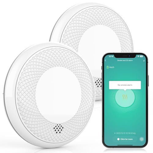RUNIDUR WLAN Rilevatore di Fumo e CO Combinato Wifi, Rilevatore di Fumo Combinato Intelligente e Rilevatore di Monossido di Carbonio, Sensore Preciso con Batteria da 10 Anni, 2 Pezzo