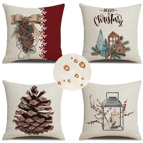 Outdoor Wetterfest Kissenbezug 40x40 cm 4er Set Beige Kissenbezüge Weihnachten Outdoor Kissen Wasserdicht Leinen Sofakissen Dekokissen für Garten Terrasse Bank Stuhl Outdoor Heimdekoration Geschenke