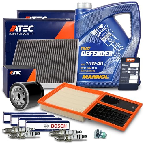 ATEC Germany Inspektionspaket Filterset mit 1x Ölfilter, 1x Innenraumfilter, 1x Luftfilter, 4x Zündkerzen FR7HC+, 5l Motoröl 10W-40 MANNOL DEFEBDER, 1x Ölablassschraube, 1x Ölwechselanhänger