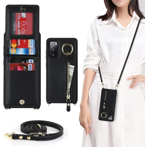 Zouzt Crossbody Wallet Case for Samsung Galaxy S20, with Strap, Black | Lanyard Purse, 4 Card Holder, 360° Ring Kickstand, PU Leather Zipper Handbag, Shockproof TPU, Back Flip Phone Cover for Women