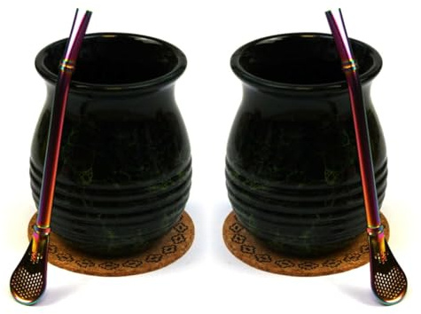 Lot de 2 tasses à thé maté - En céramique - Motif roches - 360 ml - Paille à boire Bombilla et coco - En acier inoxydable - Bombilla et céramique - Tasse à thé yerba mate