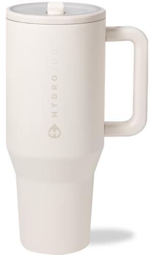 HydroJug Traveler - 40 oz Water Bottle with Handle & Flip Straw - Fits in Cup Holder, Leak Resistant Tumbler-Reusable Insulated Stainless Steel & Rubber Base - Gifts for Women & Men, Cream