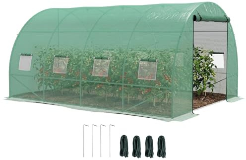 Outsunny Serre de Jardin Tunnel 12 m² Serre à tomates avec système d'arrosage intégré 3L x 2l x 2H m Acier renforcé + PE Haute densité 140 g/m² 8 fenêtres Porte Enroulable Vert
