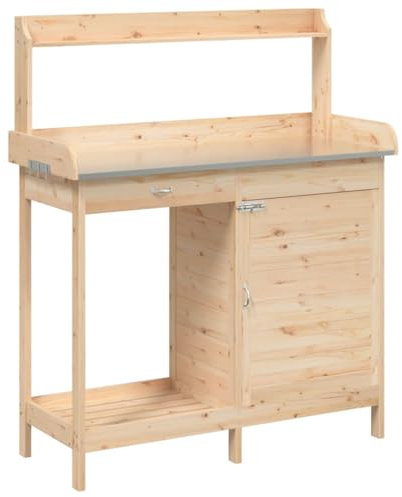 vidaXL Pflanztisch, Gärtnertisch mit Schrank, Blumentisch mit verzinkter Tischplatte, Gartentisch Tisch Pflanzentisch, Massivholz Tanne