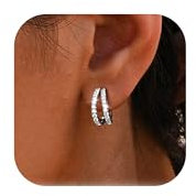 Creolen Ohrringe Silber Damen |14K Vergoldetes Halbe Creolen mit 925 Silber Ohrsteckerstift, Hypoallergene Offene Doppel Creolen, Klein Huggie Creolen mit Zirkonia Diamant für Mädchen Frauen, 14mm.