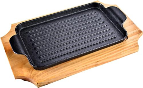 YISHUOYZBS Plato para servir de hierro fundido presazonado, plato de carne de hierro fundido con base de madera, 26 x 17 cm