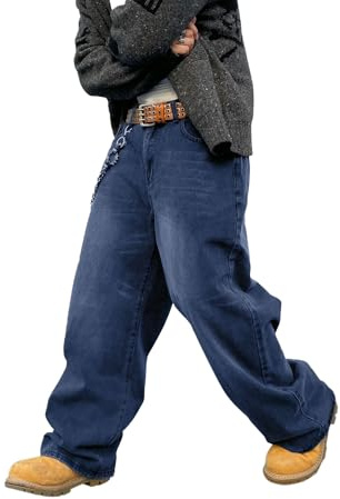 DFGIGT Men's Baggy Hip Hop Jeans Wide Leg Skater Denim Pants Casual Loose Fit Long Trousers Streetwear Jinco Oversized Relaxed Y2k 2000s Extreme Skateboard Dark Blue,C10 Medium Blue,Large