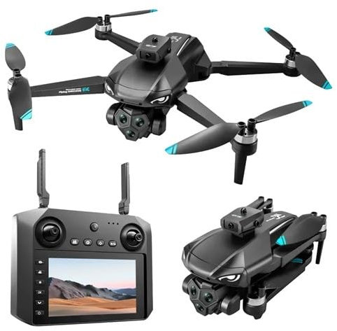HLILIPNPN Drone M33 avec Écran 11,4 cm, Caméra 4K Triple Objectif, 5G, Moteur sans Balais, Évitement d'Obstacles (Noir, Débutant À Intermédiaire)