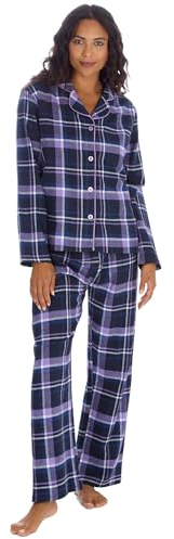 INSIGNIA Ladies Button Up Cotton Blend Flannel Traditional Pyjamas (UK, Numeric, 20, 22, Regular, Regular, Lilac Check)