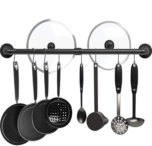 WJZWQZ 31 Inch Wall Mounted Pot Rack, Industrial Utensils Wall Hanger Iron Pipe Kitchen Hanging Rail with 8 S Hooks for Hanging Pans, Utensils, Cookware